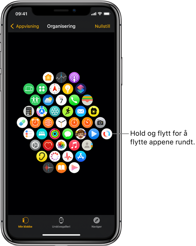 Organisering-skjermen i Apple Watch-appen som viser et rutenett med symboler.