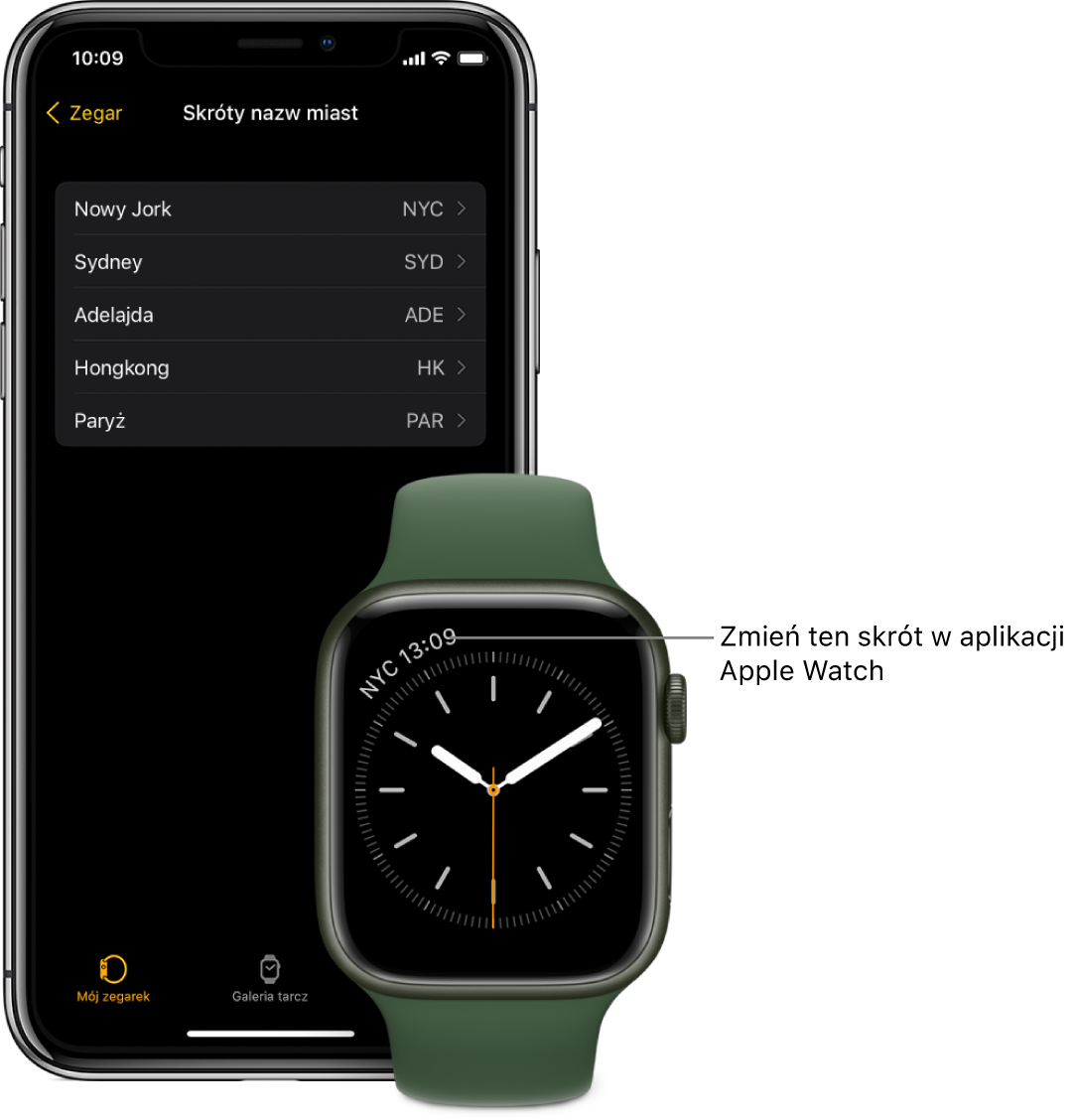 iPhone oraz Apple Watch. Apple Watch wyświetla godzinę w Nowym Jorku, oznaczonym skrótem NYC. Na ekranie iPhone’a widoczna jest lista miast pod etykietą Skróty nazw miast, znajdującą się w ustawieniach zegara w aplikacji Apple Watch.