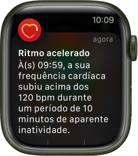 O ecrã de Ritmo cardíaco elevado, com uma notificação de que o seu frequência cardíaca ultrapassou as 120 BPM, apesar de ter permanecido inativo durante 10 minutos.