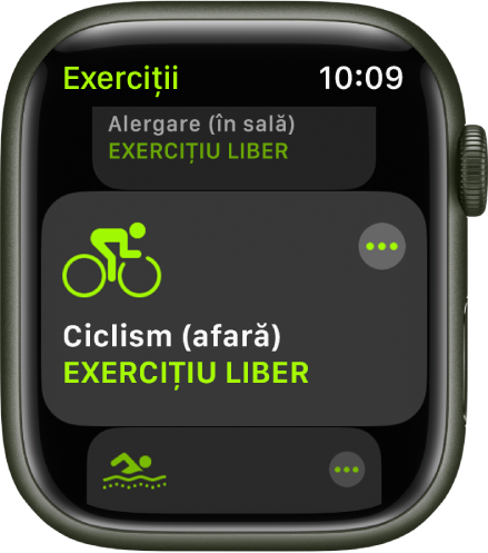Ecranul Exerciții cu exercițiul Ciclism (afară) evidențiat.