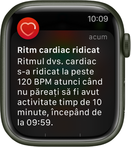 Ecranul Ritm cardiac ridicat afișând o notificare conform căreia ritmul dvs. cardiac a depășit 120 bpm într-o perioadă de inactivitate de 10 minute.