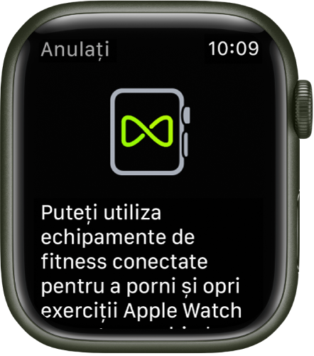 Un ecran de asociere care apare atunci când asociați Apple Watch-ul cu echipamentul de fitness.
