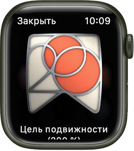 На экране Apple Watch отображается награда за достижение. Под наградой находится ее описание. Вы можете поворачивать награду жестом перетягивания.