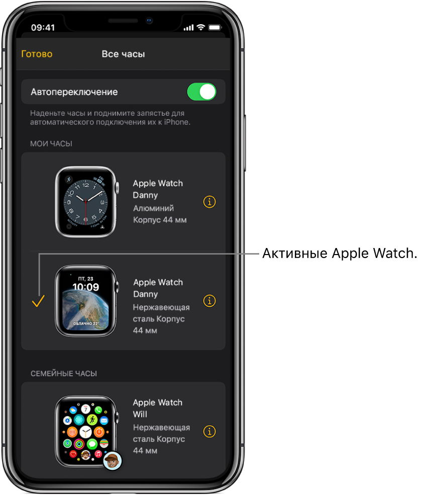 Экран «Все часы» в приложении Apple Watch. Галочкой отмечены активные Apple Watch.