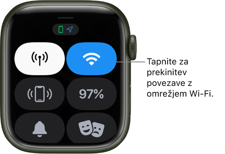 Control Center (Središče za nadzor) v uri Apple Watch (GPS + Cellular) z gumbom Wi-Fi zgoraj desno. Oblaček se glasi »Tapnite, da prekinete povezavo z omrežjem Wi-Fi«.