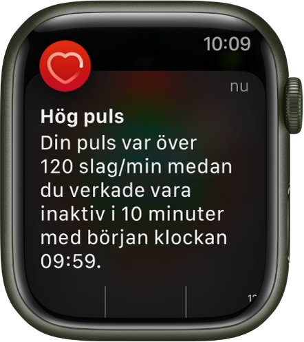 Skärmen Hög puls med ett meddelande om att din puls har överskridit 120 slag/minut samtidigt som du har varit inaktiv under 10 minuter.