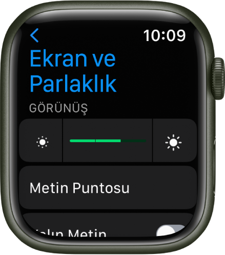 En üstte Parlaklık sürgüsü ve altında Metin Puntosu düğmesi olmak üzere Apple Watch’ta Ekran ve Parlaklık ayarları.
