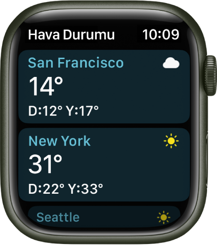 Hava Durumu uygulaması, listedeki iki şehrin hava durumu ayrıntılarını gösteriyor.