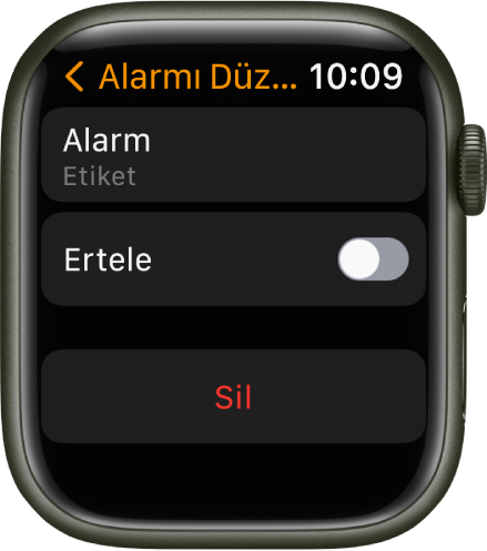 Altta Sil düğmesiyle birlikte Alarm düzenleme ekranı.