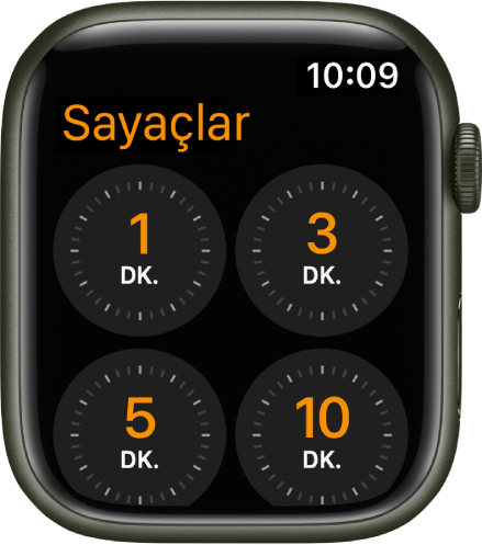 1, 3, 5 ve 10 dakikalık hızlı sayaçlar gösteren Sayaç uygulaması ekranı.
