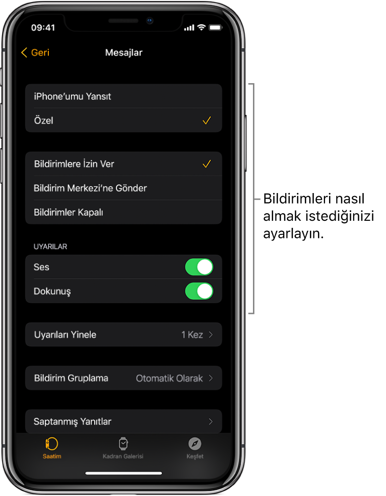 iPhone’daki Apple Watch uygulamasında Mesajlar ayarları. Uyarıların gösterilip gösterilmemesini, sesin açılıp açılmamasını, dokunuşun açılıp açılmamasını ve uyarıların yinelenip yinelenmemesini seçebilirsiniz.