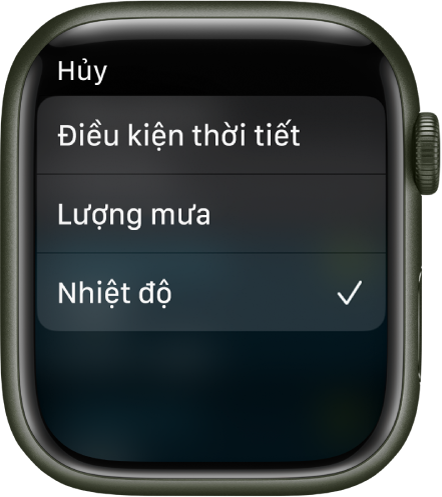 Ứng dụng Thời tiết đang hiển thị ba lựa chọn trong một danh sách – Điều kiện thời tiết, Lượng mưa và Nhiệt độ.