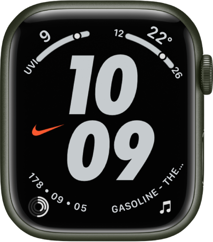 Mặt đồng hồ Nike (Hỗn hợp) với các chữ số cỡ lớn đang hiển thị giờ ở giữa. Tổ hợp Chỉ số UV ở trên cùng bên trái, tổ hợp Nhiệt độ ở trên cùng bên phải, tổ hợp Hoạt động ở dưới cùng bên trái và tổ hợp Nhạc ở dưới cùng bên phải.