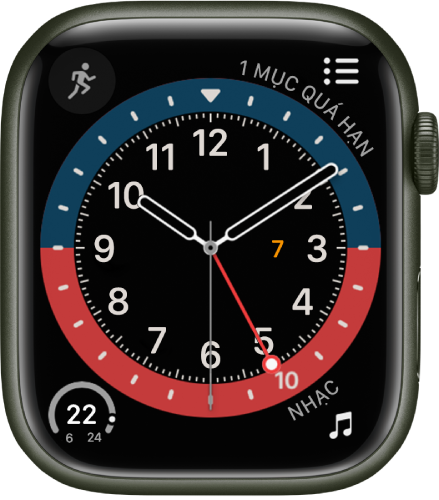 Mặt đồng hồ GMT, nơi bạn có thể điều chỉnh màu của mặt đồng hồ. Mặt đồng hồ này hiển thị bốn tổ hợp: Bài tập ở trên cùng bên trái, Lời nhắc ở trên cùng bên phải, Nhiệt độ ở dưới cùng bên trái và Nhạc ở dưới cùng bên phải.