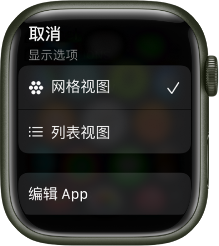 “显示选项”屏幕显示“网格视图”和“列表视图”按钮。屏幕底部显示“编辑 App”按钮。