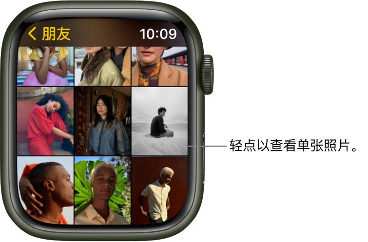Apple Watch 上“照片” App 的主屏幕,有些照片以网格形式显示。