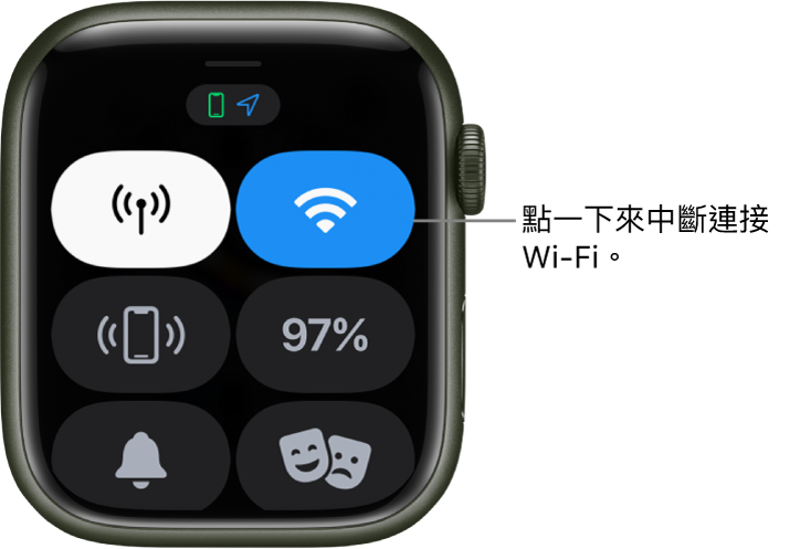 Apple Watch(GPS + 流動網絡)上的「控制中心」,Wi-Fi 按鈕位於右上方。説明文字為「點一下中斷 Wi-Fi 連線。」