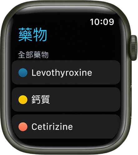 「藥物」App 顯示一個包括藥物的列表。