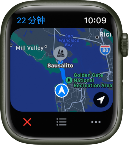 “地图” App 显示行程的概览地图。底部为“结束”、“列表”和“更多”按钮。