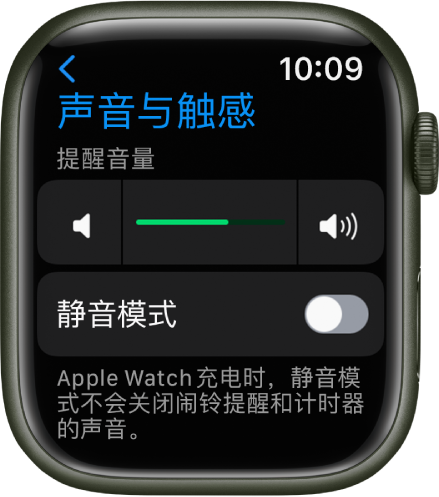 Apple Watch 上的“声音与触感”设置,顶部是“提醒音量”滑块,下方是“静音模式”开关。