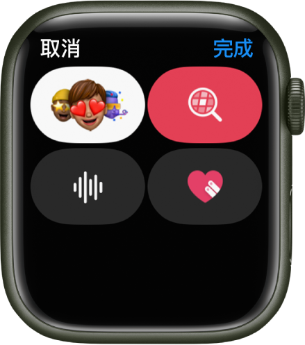 “信息”屏幕，显示 Apple Cash 按钮，以及“拟我表情”、“图像”、“音频”和“数码点触”按钮。
