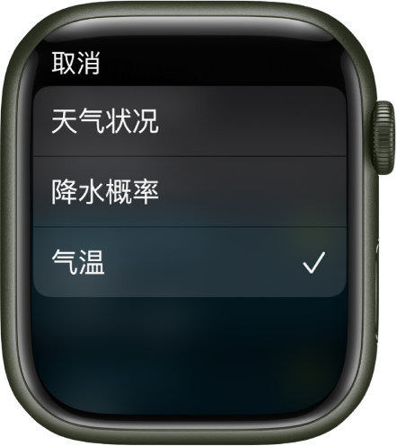 “天气” App 显示列表中的三个选项：“天气状况”、“降水概率”和“气温”。