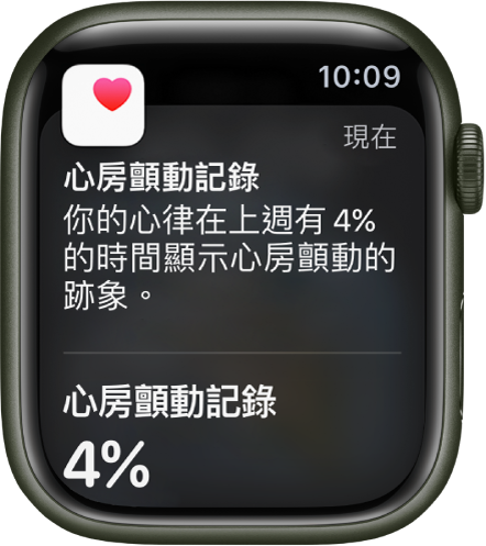「心房顫動記錄」通知顯示上週有百分之 4 的時間出現心房顫動徵兆。