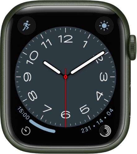 「大都會」錶面顯示四個複雜功能：「體能訓練」位於左上角、「天氣狀況」位於右上角、「計時器」位於左下角，以及「活動記錄」位於右下角。