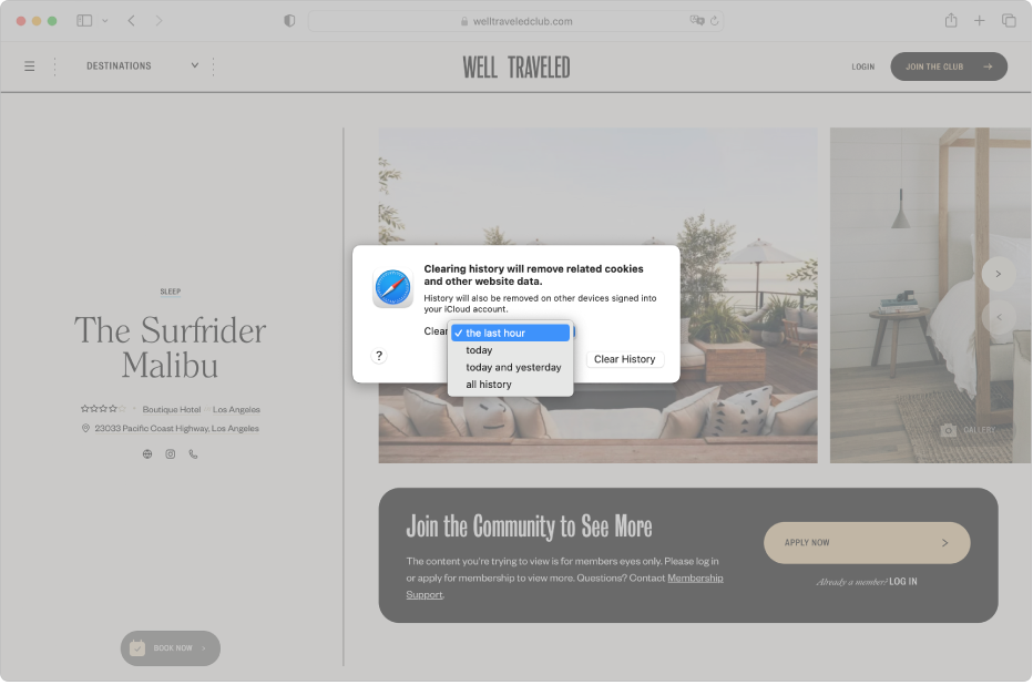 A Safari window with a dialogue explaining that clearing history will remove related cookies and other website data. You can clear just the last hour of history, all of today’s history, today’s and yesterday’s history, or all history.
