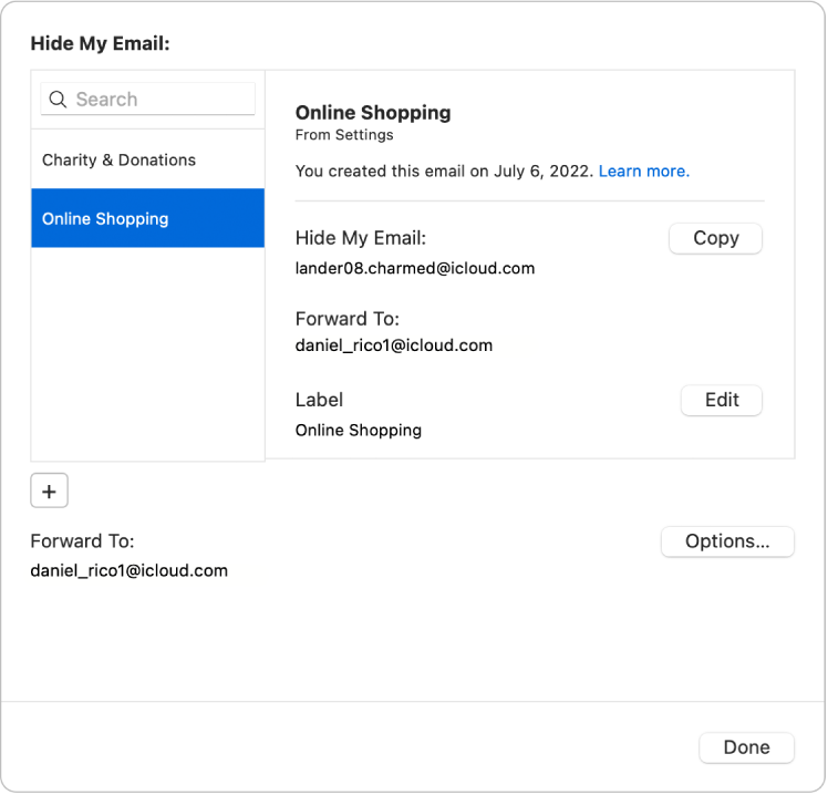 Dialog in iCloud settings with options for managing email addresses created with Hide My Email.