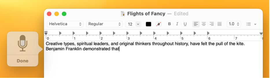 The feedback window alongside dictated text in a TextEdit document.