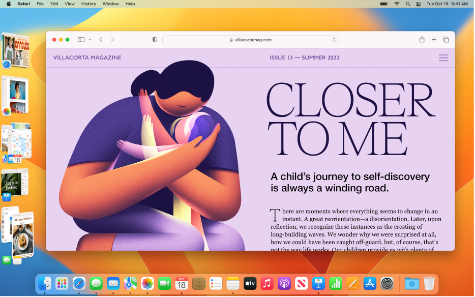Un écran montrant Safari au milieu et d’autres apps ouvertes à gauche avec Stage Manager.