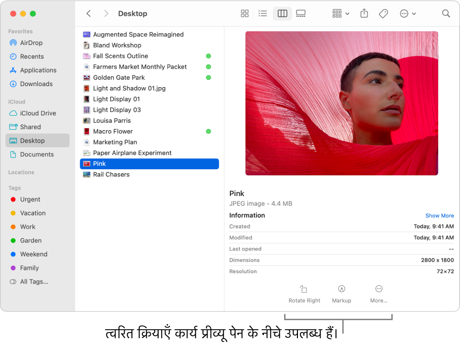 प्रीव्यू पेन के नीचे की एक झलक जो क्विक ऐक्शंस टास्क बटन दिखाती है।