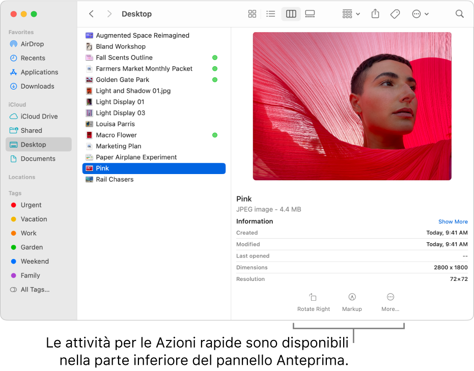 La parte inferiore del pannello Anteprima, con i pulsanti “Azioni rapide”.