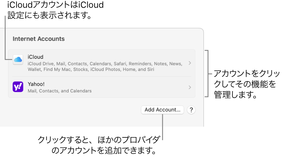 「インターネットアカウント」設定。Macで設定されたアカウントがリストで表示されています。