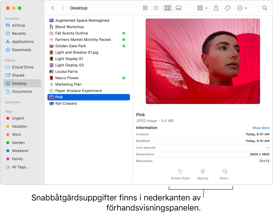 Nedre delen av förhandsvisningspanelen med knappar för snabbåtgärder.