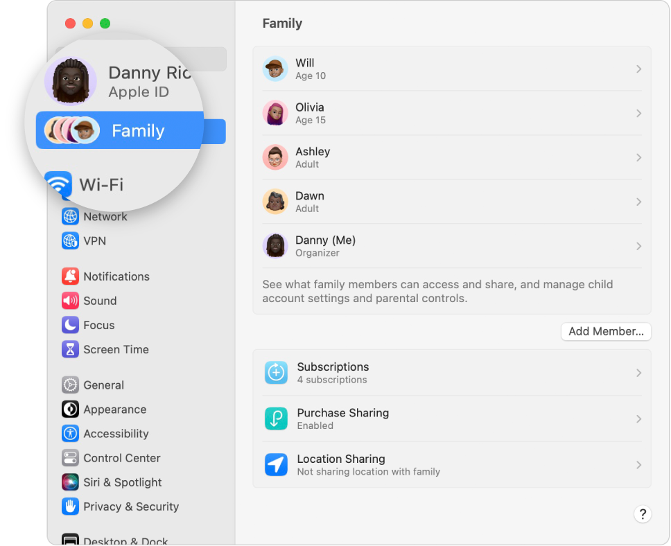 「系統設定」視窗的側邊中顯示反白的「家人共享」。