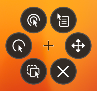 The circular Options menu whose buttons include, from the top right and moving clockwise, Right Click, Scroll Menu, Close, Drag and Drop, Left Click and Double Click.