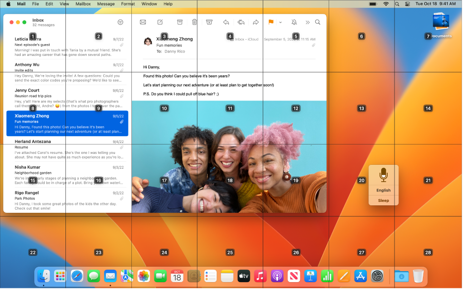 Una cuadrícula superpuesta en el escritorio, que muestra la app Mail abierta. La cuadrícula divide el escritorio en siete columnas y cuatro filas, y cada celda está numerada, del 1 al 28. La ventana de retroalimentación está situada a la derecha de la ventana de Mail.