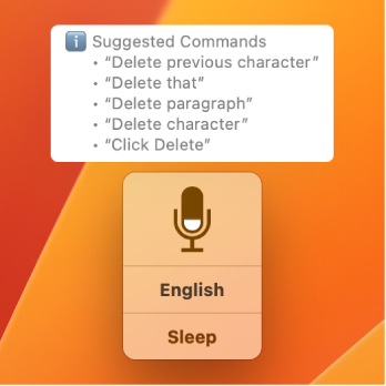 La ventana de retroalimentación del control por voz con las sugerencias de comandos de texto, como “Eliminar eso” o “Hacer clic en Editar”, arriba.