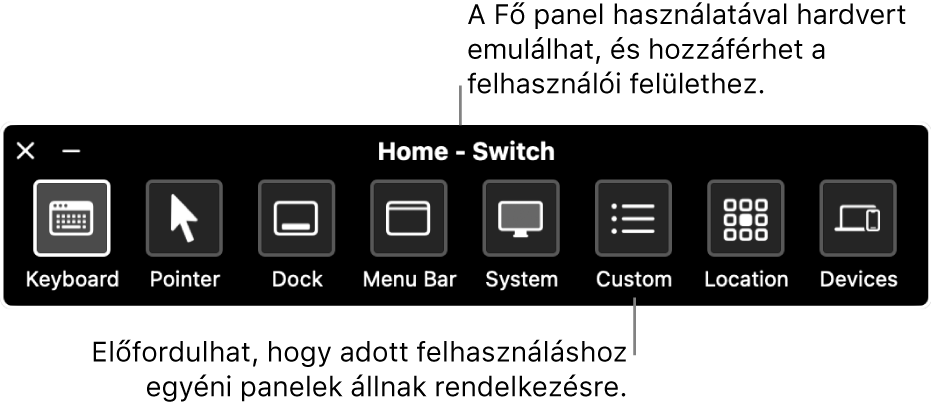 A Kapcsolóvezérlés Főoldal panelén az alábbi gombok találhatók balról jobbra: billentyűzet, mutató, alkalmazás, Dock, menüsor, rendszervezérlők, egyéni panelek, képernyő elhelyezkedés és egyéb eszközök.