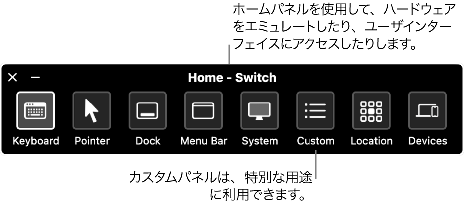 スイッチコントロールの「ホーム」パネルには、左から右へ順に、キーボード、ポインタ、Dock、メニューバー、システムコントロール、カスタムパネル、画面の場所、およびその他のデバイスを制御するボタンが含まれています。
