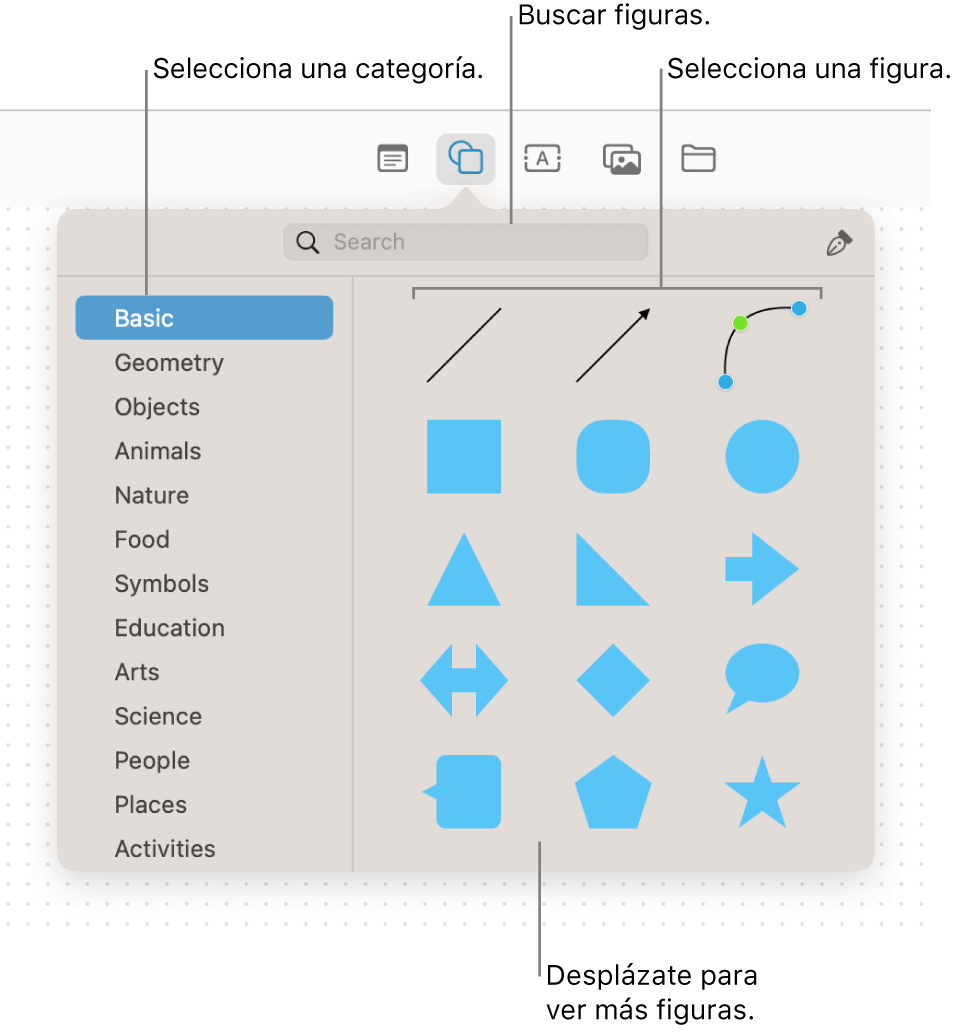 La biblioteca de figuras, con un campo de búsqueda en la parte superior, una lista de categorías a la izquierda y una colección de figuras a la derecha. Selecciona una figura de la colección o desplázate para ver más figuras.