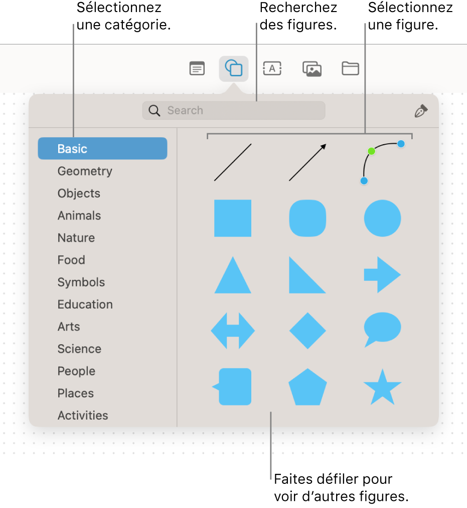 La bibliothèque de figures, avec un champ de recherche en haut, une liste de catégories à gauche, ainsi qu’une collection de figures à droite. Sélectionnez une figure au sein de la collection ou faites défiler la page pour consulter d’autres figures.