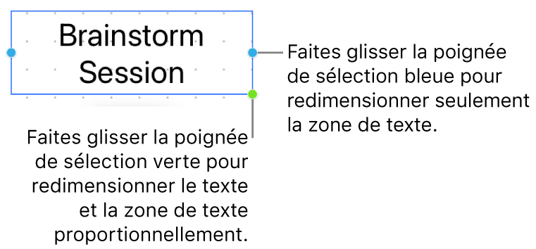 Une zone de texte sélectionnée affichant la poignée de sélection bleue (permettant de redimensionner uniquement la zone de texte) ainsi que la poignée de sélection verte (permettant de redimensionner le texte et la zone de texte proportionnellement).
