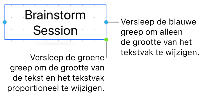 Een geselecteerd tekstvak met de blauwe selectiegreep (waarmee je alleen de grootte van het tekstvak kunt aanpassen) en de groene selectiegreep (om de grootte van de tekst en het tekstvak proportioneel aan te passen).