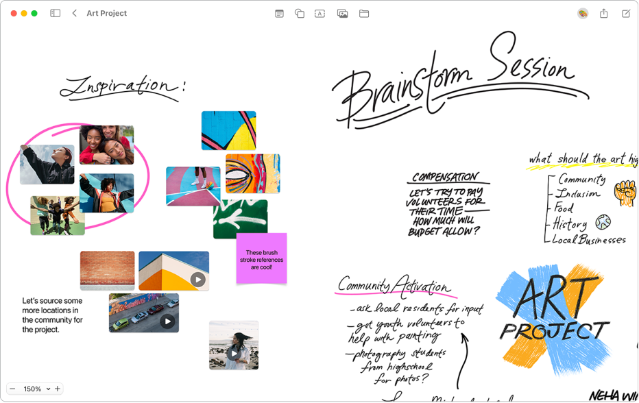 Un panou din aplicația Freeform intitulat Proiect de artă, cu multe grafice, clipuri video, text, o notă adezivă și altele.