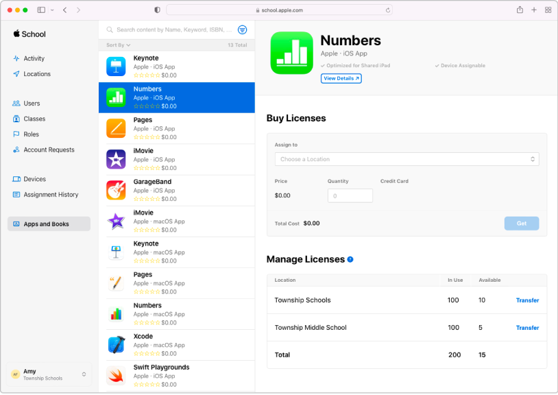 The Apple School Manager window showing Apps and Books selected in the sidebar under Content. The pane selected is for buying and managing licences for the Numbers app.
