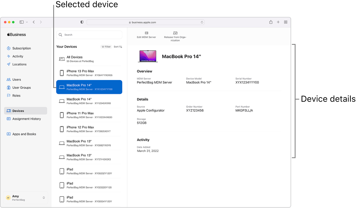 Het Apple Business Manager-venster met 'Apparaten' geselecteerd in de navigatiekolom. Een geselecteerd apparaat met informatie over dat apparaat.