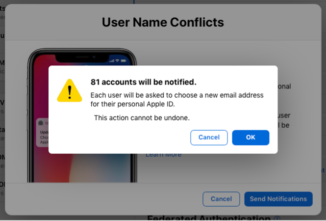 In het dialoogvenster 'Conflicterende gebruikersnamen' krijgen gebruikers een bericht dat hun persoonlijke Apple ID conflicteert met het domein van de organisatie.
